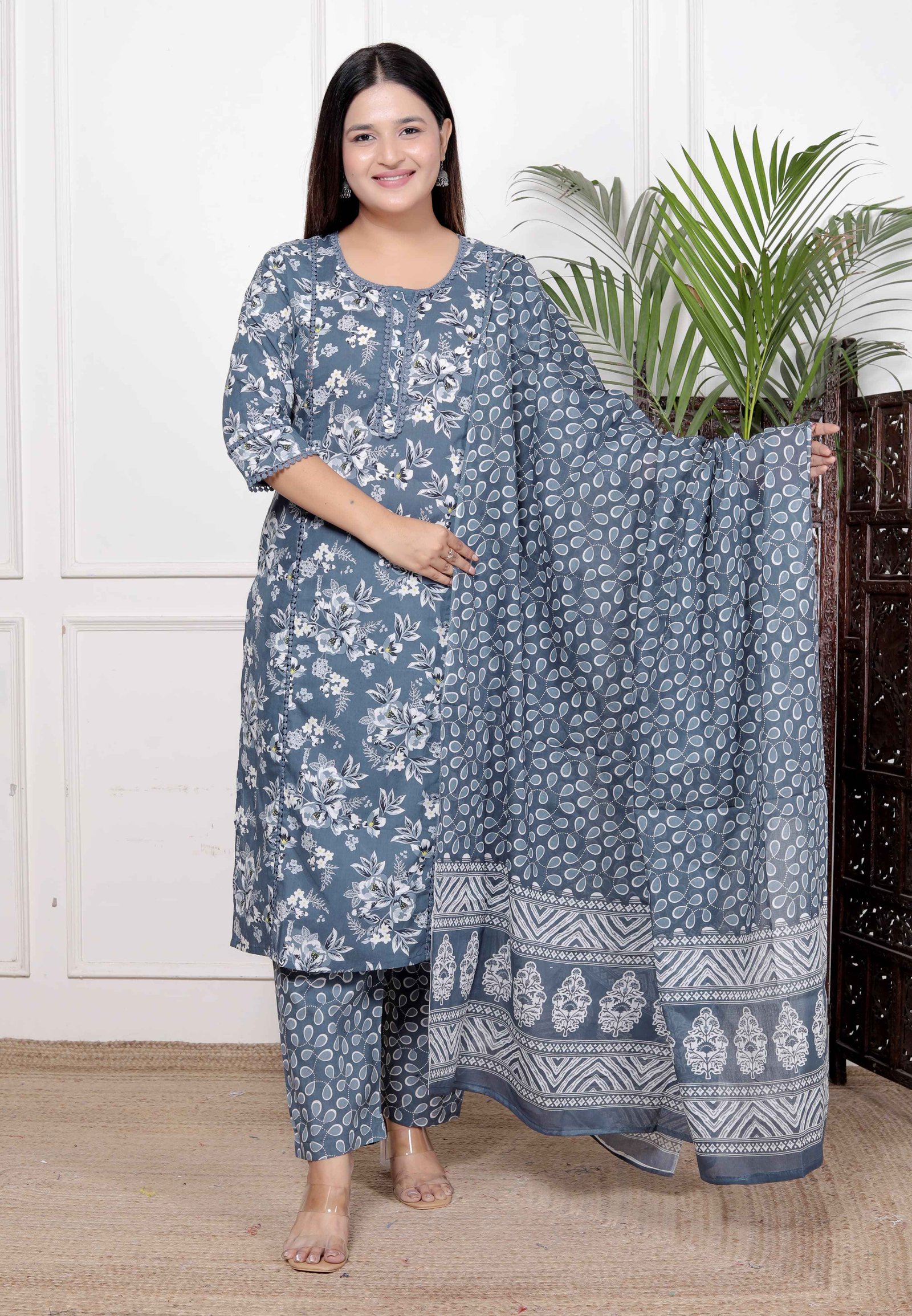 “Breathe Easy in Bloom Grey Floral Printed Cotton Suit Set”